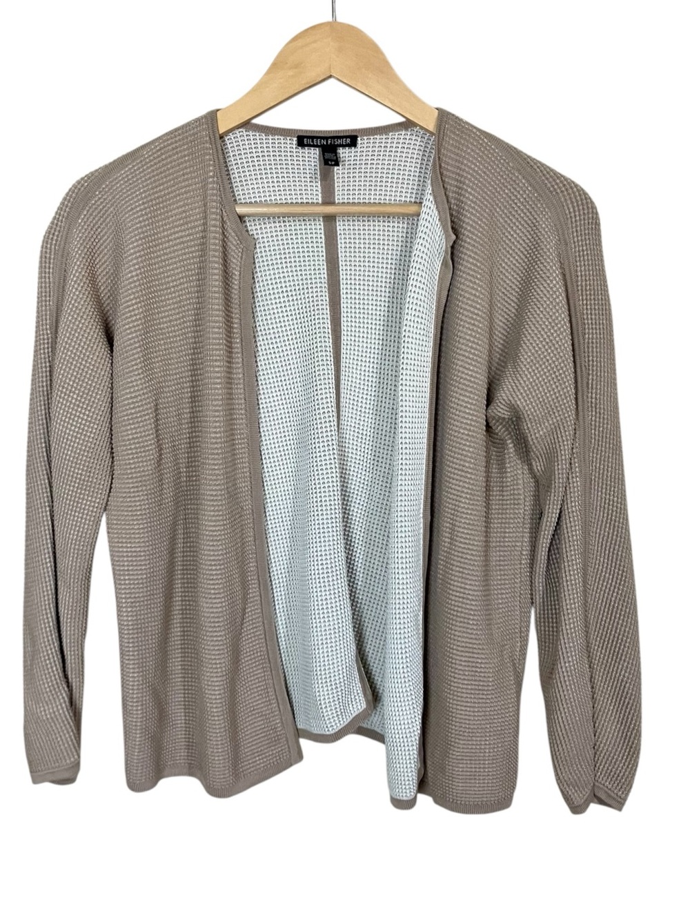 Eileen Fisher Waffle Knit Open Cardigan Silk Blend Oatmeal Tan Size Small